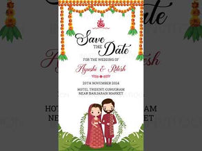 Blossoming Love: Ganesha, Floral Garlands & Couple Caricature Save-The-Date Wedding Video Invitation, Design No 1025