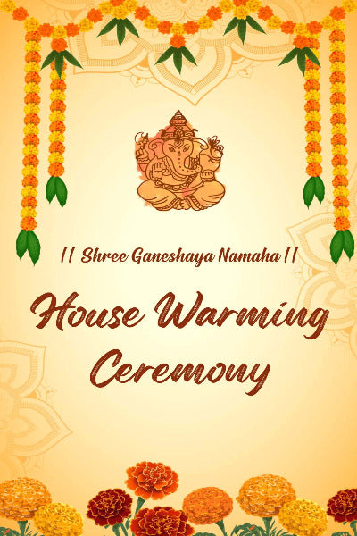 House Warming Invitation With Orange and Yellow Garlands, House Image in Golden Frame