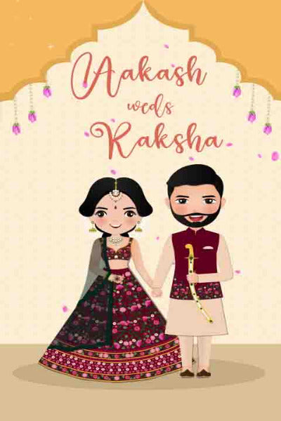 Traditional Royal Indian Wedding With Couple Caricature Ilustration Video Invitation Card