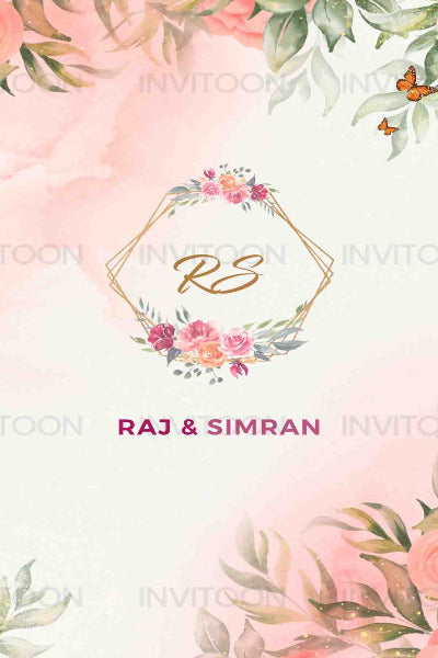 Floral Elegance Couples Initials Logo on Pink Watercolor Background Wedding Video Invitation Card