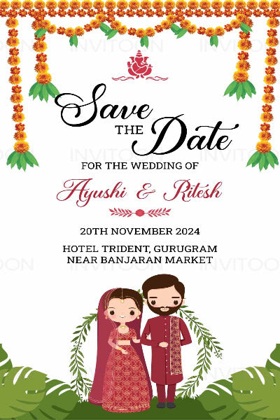 Blossoming Love: Ganesha, Floral Garlands & Couple Caricature Save-The-Date Wedding Video Invitation