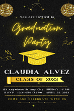 Graduation Ceremony Digital Invitation; Golden bokeh light Effect, Party Theme