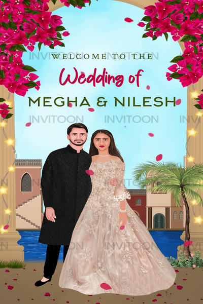 Couple Caricature Wedding Mughal Arch Floral Video Invitation