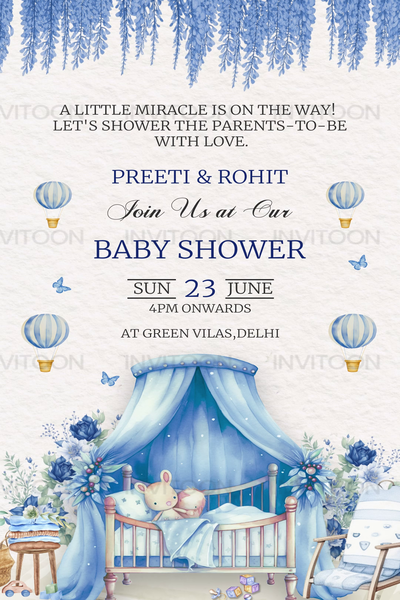 Baby Shower Blue Theme with Cradle, Balloons & Toys Video Invitation