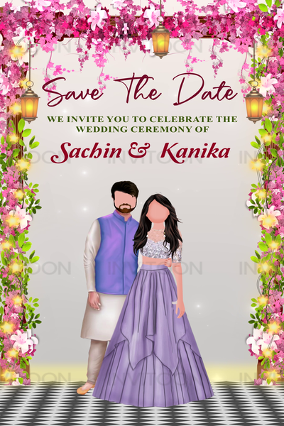 Caricature Wedding Invitation Video with Floral Vines & Save the Date Template