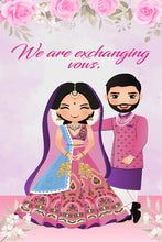 Pastel Pink Floral Theme Indian Wedding Invites with Wedding Caricature Illustrations