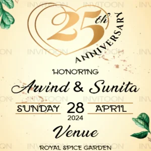 25th Wedding Anniversary Invitation Card, Captivating heart logo and a floral aesthetic, Design No. 1001